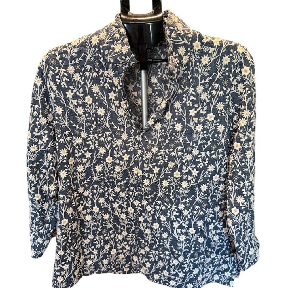 TUCKERNUCK Tunic Top Womens 2XL Blue White Floral Embroidered Popover - Picture 4 of 9
